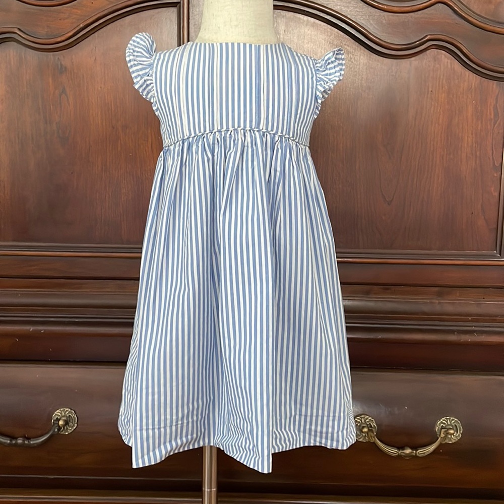 Girls Blue White Stripe Dress 24M Flutter Sleeve Tie Back Southern Cotton